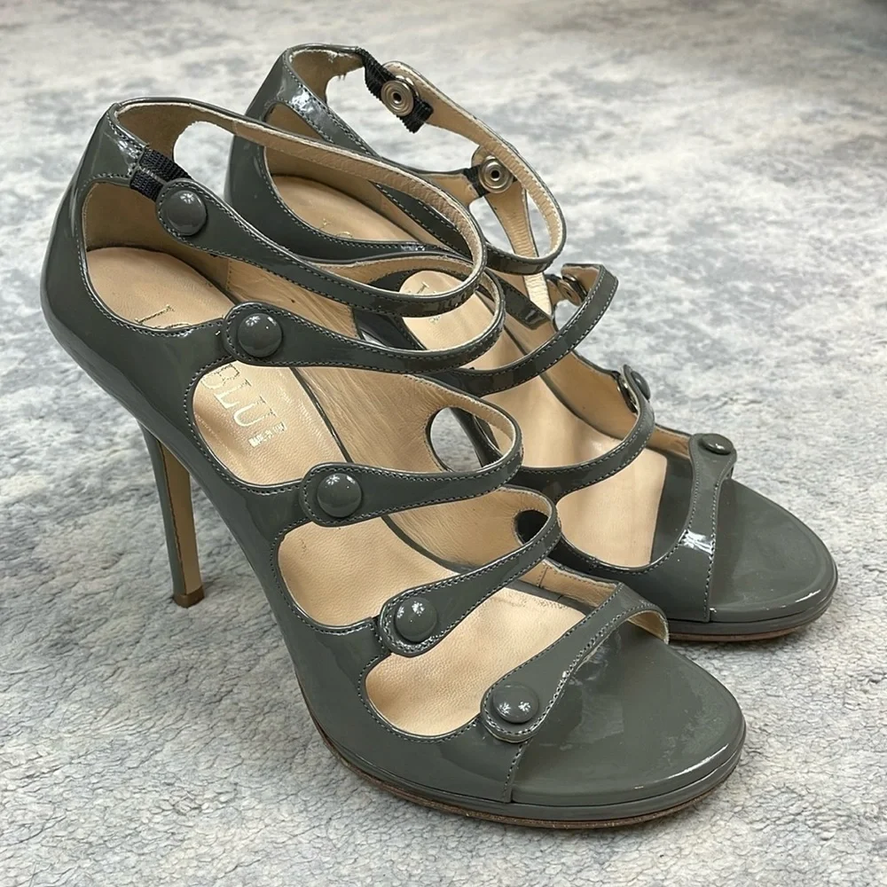 Loriblu Patent Leather Strappy Cage Heels Gray Stiletto Tall Italy Sz 39